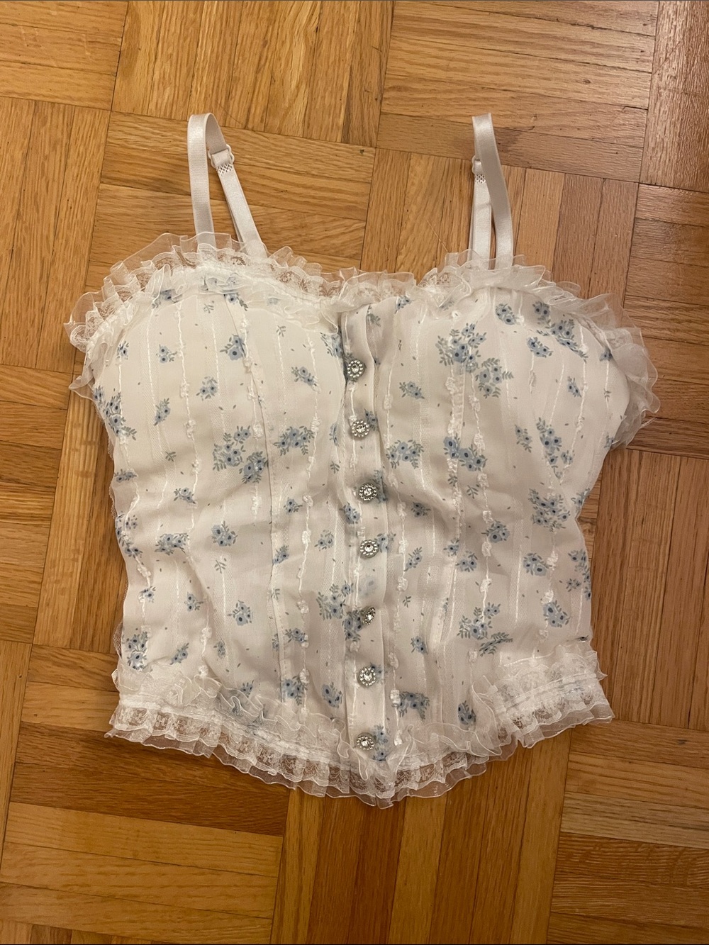 Floral Lace-Trim White Bustier Top with Blue Accent